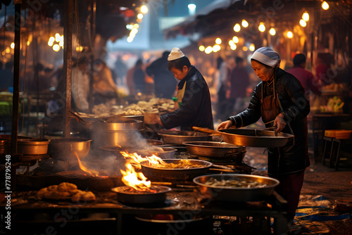 Tasty chinese street food chef making food selling it on the streets