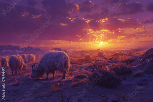 Generate an AI image of a mystical sunrise in the desert, with the horizon ablaze in hues of purple and gold. A herd of goats, their fur shimmering in the early light, peacefully grazes on sparse dese