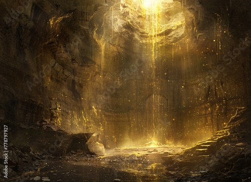concept art of an underground cavern with golden light