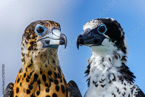 Two birds with blue eyes and white feathers are standing next to each other