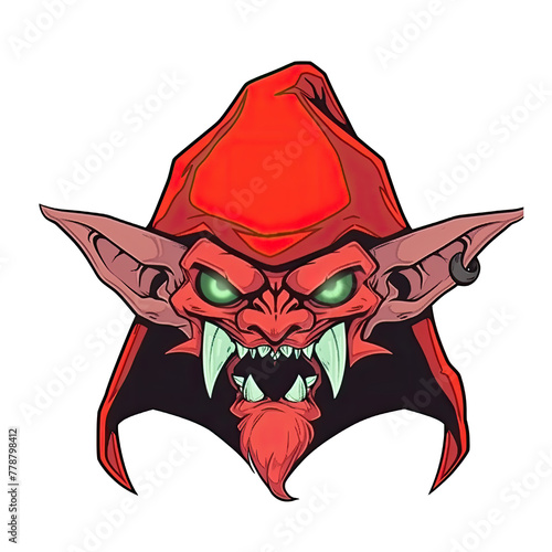 A logo of a goblin with green eyes wearing a red hat
