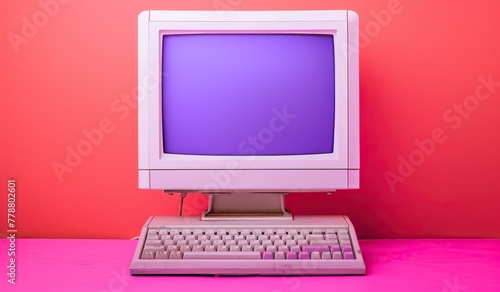Vintage computer on pink background with purple screen