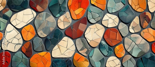 An art fixture composed of colorful rocks arranged in a pattern on a wall. The tints and shades create a visual arts event, with glass circles adding symmetry