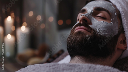 Cosmetician applying clay facial mask on young man face. Skincare in a beauty salon. Man getting facial nourishing mask by beautician at spa salon, closeup. Apply face mask, spa beauty treatment