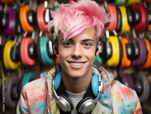 Young Man With Pink Hair Wearing Headphones