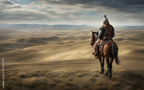 Genghis Khan surveying the vast Mongolian steppes from a hilltop, horsemen and tents in the expansive landscape below