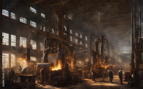 Industrial Revolution factory scene, workers tending to machines, smokestacks billowing in the background, early 19th century