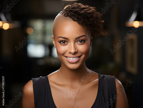 African American Woman in Bright black Dress on Plain Backdrop