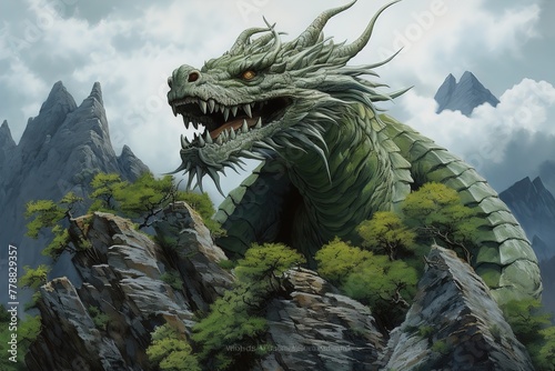Gigantic and huge magnificent terrifying green Chinese dragon among the rocks
