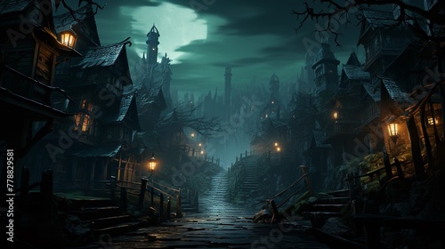 Capture the eerie ambiance of haunted enclaves with a unique tilted angle view enhancing the sense of mystery and intrigue Perfect for a spine-chilling Halloween promotion.