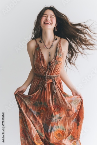 Full face no crop of a Pretty Young Japanese Super Model in a Flowy Boho Maxi Dress and Sandals, exuding effortless summer charm with a radiant smile. photo on white isolated background
