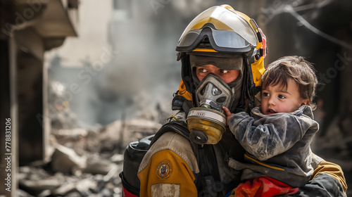Brave firefighter saves a scared child from a destroyed building, wearing a gas mask and protective gear carries a young child