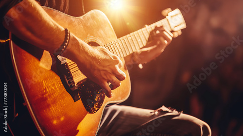 A musician holds a guitar in their hands, skillfully playing and creating music