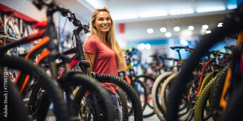 A young girl cyclist chooses a bike for herself in a bike shop. Generative AI.