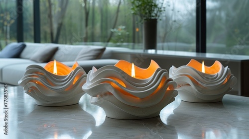  A pair of white bowls rest atop a table, with a flickering candle nestled within one