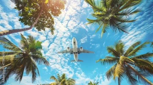Blue sky with coconut trees, The airplane is going to the tropical sea beach.