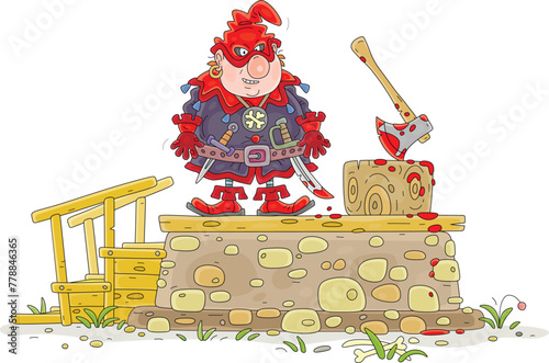 Angry executioner with a wicked grin near an execution block with an ax and a big tree stump prepared for execution of condemned, vector cartoon illustration isolated on white