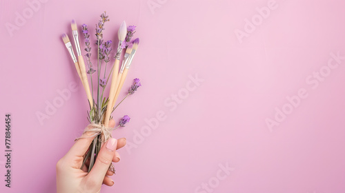 Hand holding paintbrushes with lavender sprigs tied on a lilac background