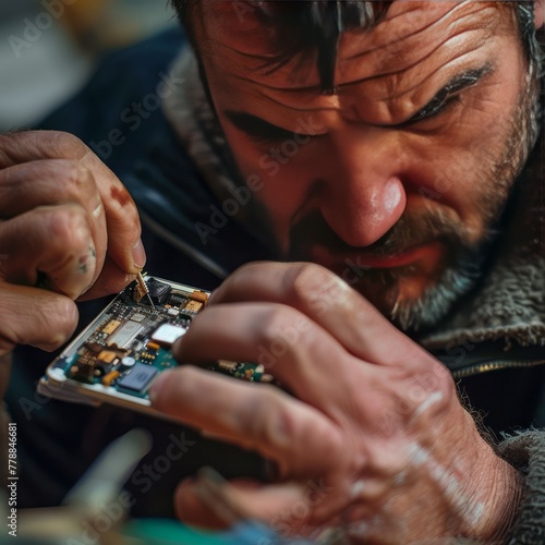 Close-Up of a Man Repairing an Open Smartphone