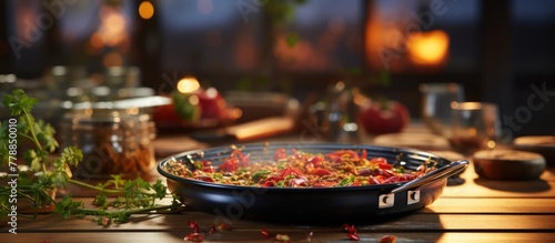 Electric frying pan on table with blurred kitchen background