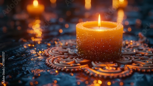  A lit candle rests atop a table, surrounded by candles arranged in the center of a doily