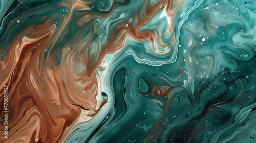 Abstract teal and brown marble background with fluid acrylic paint swirls