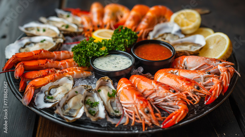 Delicious seafood dish, shrimp, lobster, crab legs and oysters, served with lemon wedges and sauces