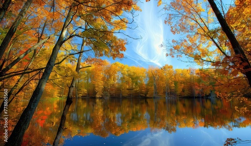 Sunny autumn landscape with woods blue sky over the lake in Wheeling Township of Illinois