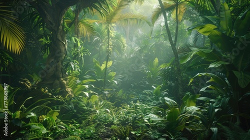 A closed rainforest ecosystem model with a dense canopy, diverse plant life, and small animals thriving in a controlled tropical environment,