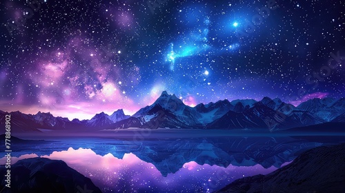 Milky Way above mountains at night with reflection in the lake. Landscape with alpine mountain valley, purple starry sky with milky way.