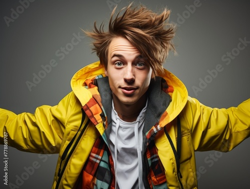 Man in Yellow Jacket Making Funny Face