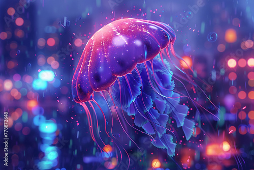 A purple jellyfish with a blue tail is floating in the water