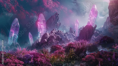 An otherworldly landscape with towering crystalline structures and iridescent flora, bathed in the soft glow of bioluminescent fauna, evoking a sense of wonder and awe.