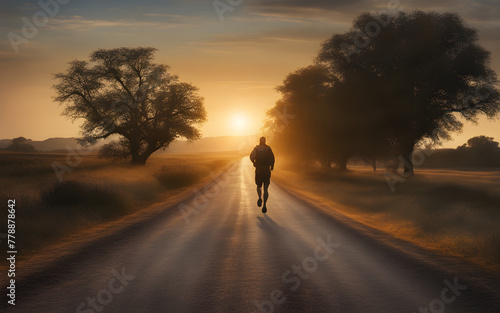 Lone runner on a deserted road, pushing forward, dawn breaking ahead, symbolizing personal journey and perseverance