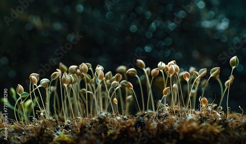 Enchanting macro world of moss and sporophytes in a mystical forest ambiance