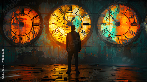 Back view of a man standing before three colossal, grungy clocks in an industrial setting, evoking concepts of time management and deadlines