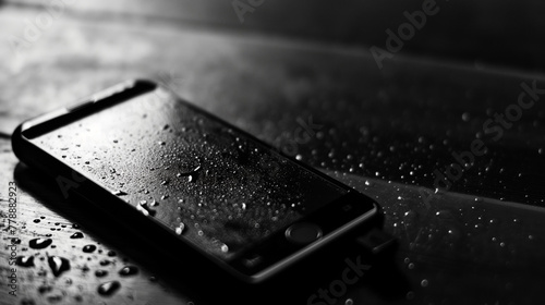 wet cellphone on the table, rainy weather, black and white