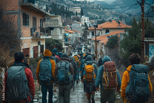 Group of People With Backpacks Walking Down a Street