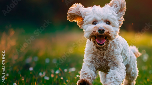 A joyful dog running across the field