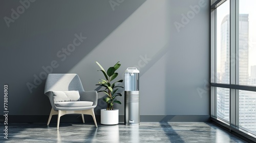 Minimalistic office water cooler in bright white and grey style interior setting