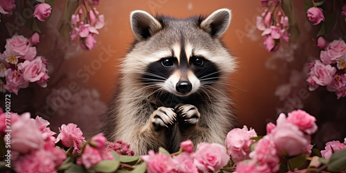 A raccoon sits with its paws folded on a pink floral background. Spring or summer advertising banner layout for exotic pets product.