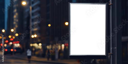 Blank advertising banner on a pole with blurred night city street background. Empty space for product placement or text.
