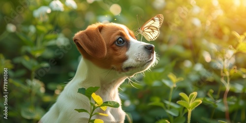 Beagle puppy looks at a butterfly, sun rays. Concept: veterinary clinics and pet stores, raising animals or materials about pet care.