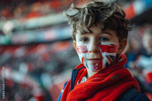 child boy soccer fun with painted face of flag England in football stadium child boy soccer fun with painted face of flag England in football stadium 