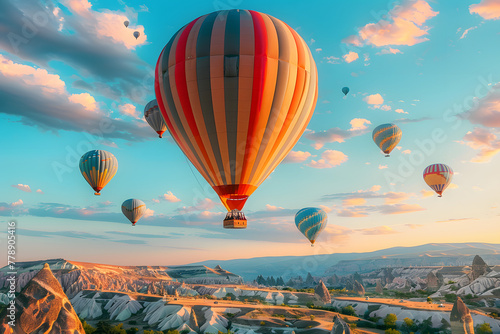 Colorful hot air balloons fly in blue sky over amazing valleys with fairy chimneys in Cappadocia, Turkey 