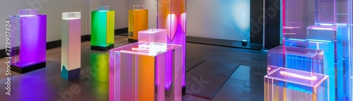 Illuminated acrylic pedestal, neon accents, modern gallery feel, innovative design highlight low noise