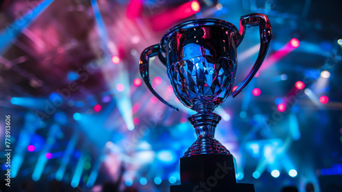 E-sport Trophy Cup Illuminated by Stage Lights at an Even