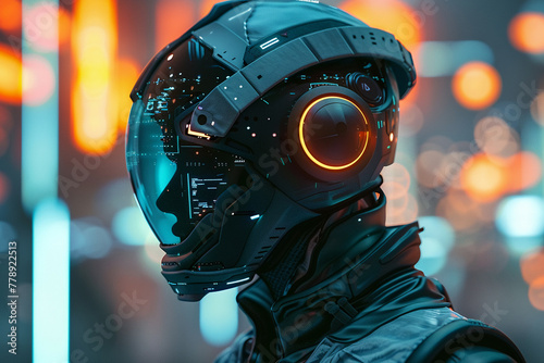 Life-like VR user, high-tech suit, close-up on headgear, warm glow, detailed texture, portrait style
