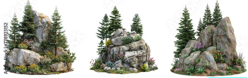 Cutout rock surrounded by fir trees and flowers