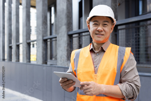 Portrait of a young smiling Asian man standing near a building in a hard hat and vest, holding a lancet and looking at the camera